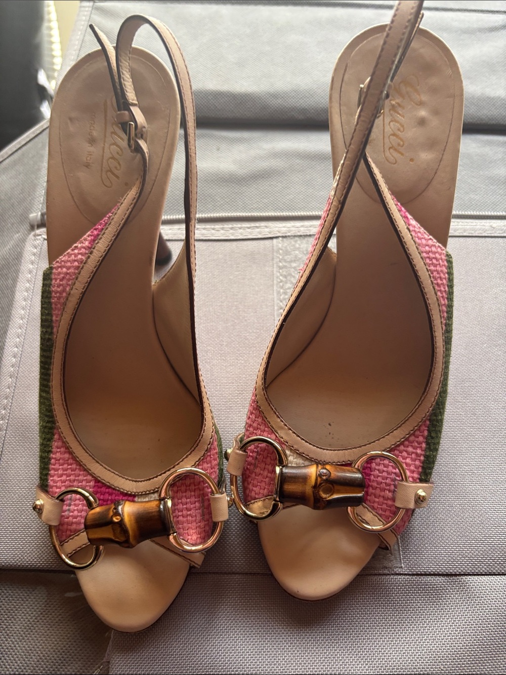 Gucci Pink and Green Woven Slingback Heels with Bamboo Horsebit